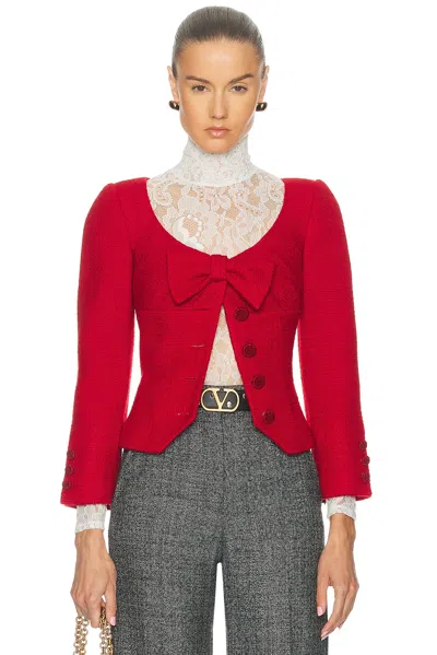 Valentino Womens Bow-embroidered Scoop-neck Tweed Jacket Paris In Red