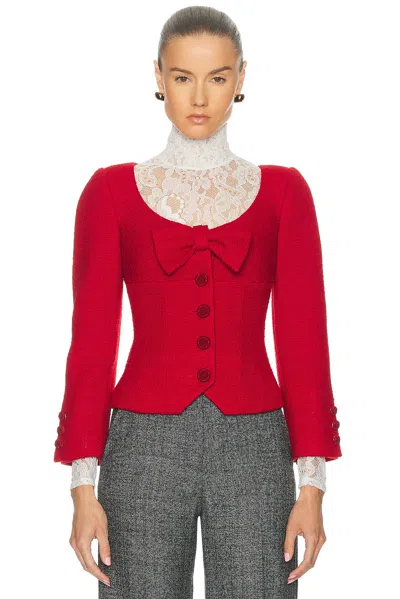 Valentino Womens Bow-embroidered Scoop-neck Tweed Jacket Paris In Red
