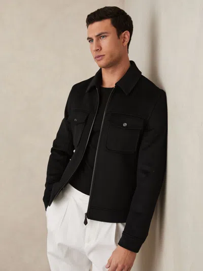 Reiss Black Peridoe Zip-through Trucker Jacket With Wool In Animal Print