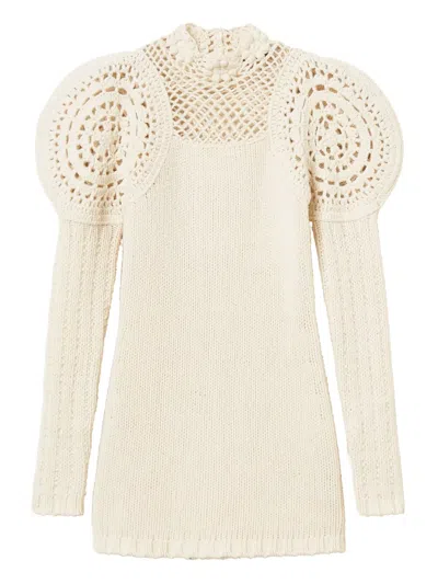 Twinset Crochet-detailed Puff-sleeve Dress In Neutral
