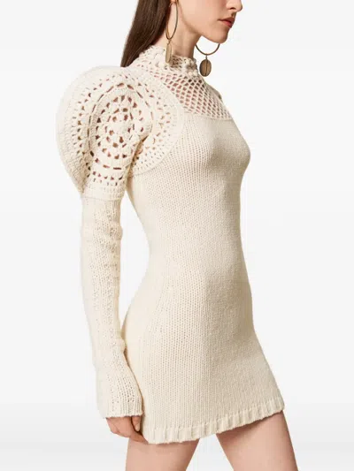 Twinset Crochet-detailed Puff-sleeve Dress In Neutral