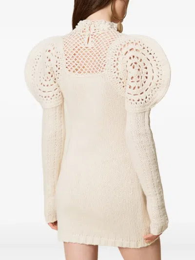 Twinset Crochet-detailed Puff-sleeve Dress In Neutral
