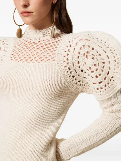 Twinset Crochet-detailed Puff-sleeve Dress In Neutral