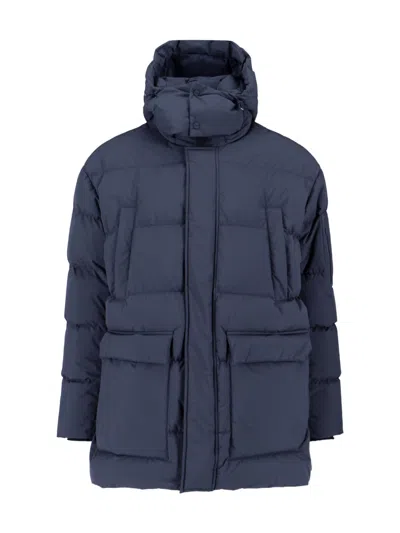Herno Long Quilted Jacket With Hood And Pockets In Blue