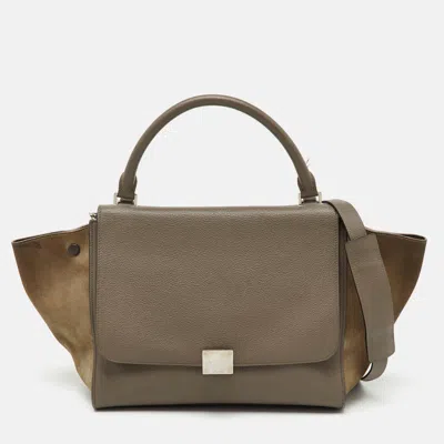 Pre-owned Celine Taupe Grey/brown Leather And Suede Medium Trapeze Top Handle Bag In Gray