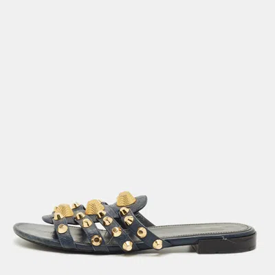Pre-owned Balenciaga Navy Blue Leather Studded Arena Flat Slides Size 39