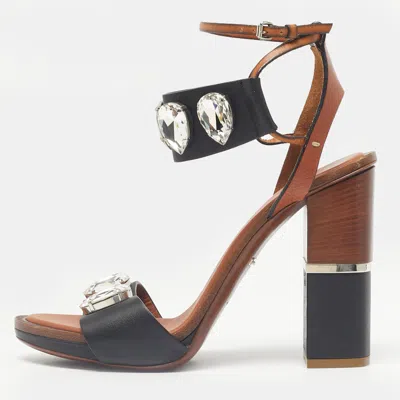 Pre-owned Roberto Cavalli Brown/black Leather Crystal Embellished Ankle Strap Sandals Size 38