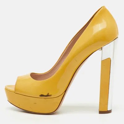 Pre-owned Miu Miu Yellow Patent Leather Peep Toe Platform Pumps Size 38