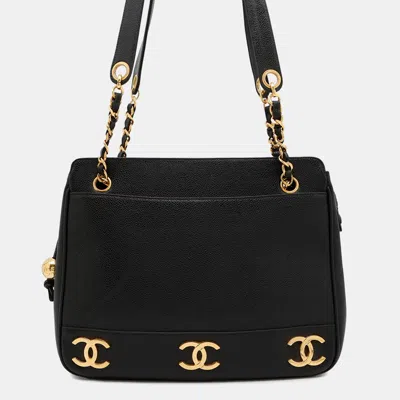 Pre-owned Chanel Chain Tote Bag With Triple Coco Mark And Caviar Leather Double Black
