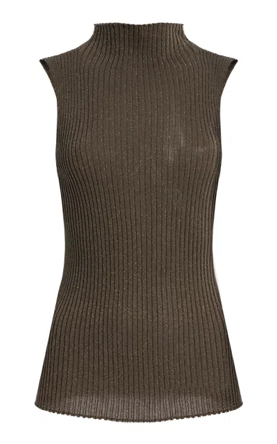 Leset Blake Ribbed Sleeveless Turtleneck Top In Green