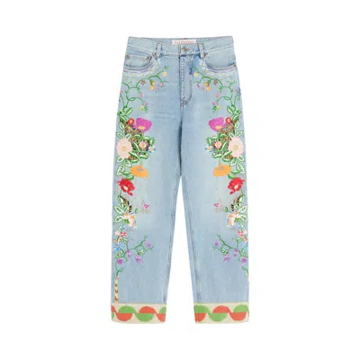 Pre-owned Valentino Floal Embroidered Tapered Jeans 'denim Blue' | Women's Size 28