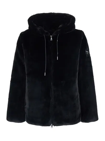 Tatras Black Hooded Jacket With Drawstring And Logo Patch On The Sleeve In Faux Fur Man In Black