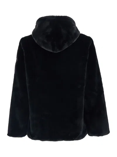 Tatras Black Hooded Jacket With Drawstring And Logo Patch On The Sleeve In Faux Fur Man In Black