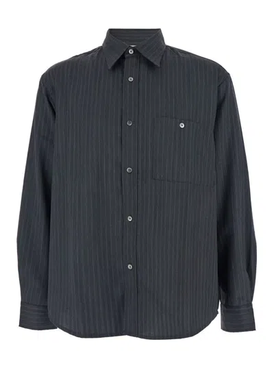 Tonywack Grey Pinstriped Shirt With Pointed Collar In Wool Blend Man In Blue
