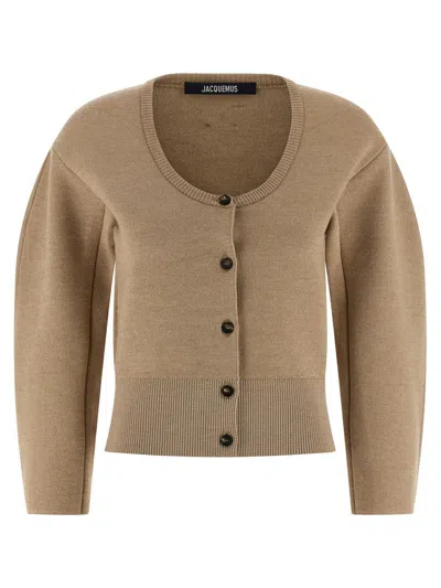 Jacquemus Le Gilet Doppio Beige Cardigan With Round Neck And Ribbed Trims In Wool Blend Stretch Woman In Neutral