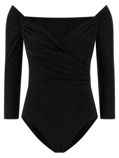 Norma Kamali Black Bodysuit With Sweetheart Neckline In Tech Fabric Stretch Woman In Black