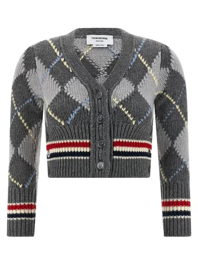 Thom Browne Argyle Intarsia Shrunken Virgin Wool Blend Cardigan In Gold