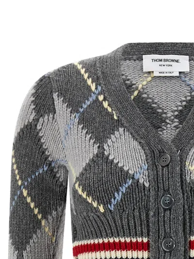 Thom Browne Argyle Intarsia Shrunken Virgin Wool Blend Cardigan In Gold