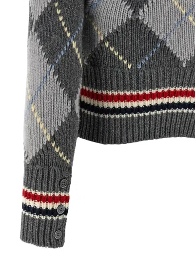 Thom Browne Argyle Intarsia Shrunken Virgin Wool Blend Cardigan In Gold