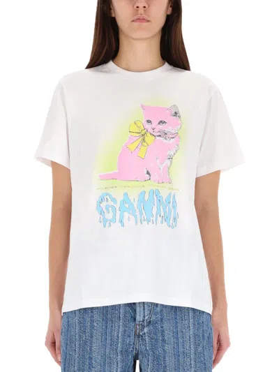 Ganni Neon Kitty Bright White T-shirt In White