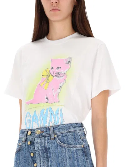 Ganni Neon Kitty Bright White T-shirt In White