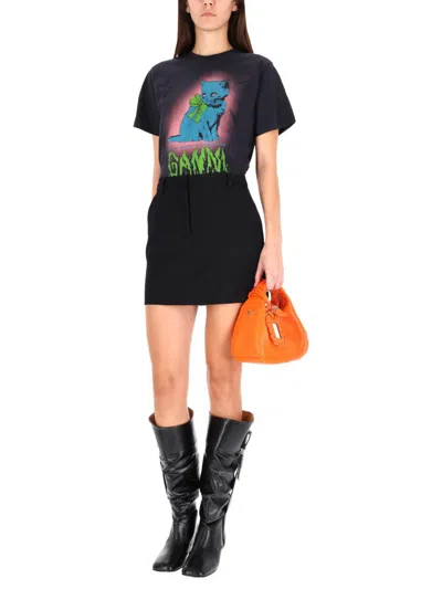 Ganni Neon Kitty Organic Cotton T-shirt In Black