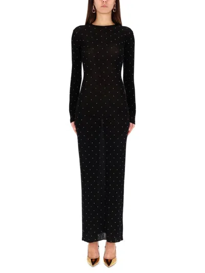 Rabanne Fitted Long Knit Dress With Round Neckline And Rhinestone Embellishments In Black