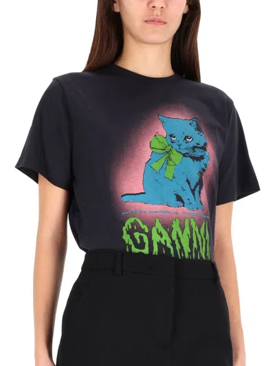Ganni Neon Kitty Organic Cotton T-shirt In Black