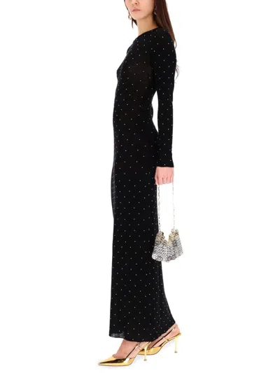 Rabanne Fitted Long Knit Dress With Round Neckline And Rhinestone Embellishments In Black