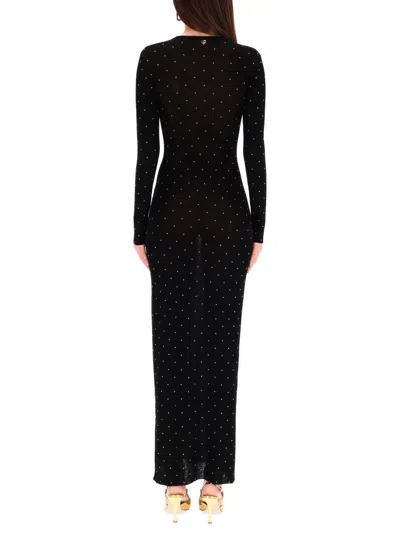 Rabanne Fitted Long Knit Dress With Round Neckline And Rhinestone Embellishments In Black