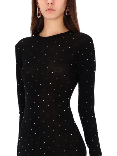 Rabanne Fitted Long Knit Dress With Round Neckline And Rhinestone Embellishments In Black