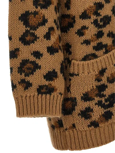 Valentino V-neck Animalier Cardigan Front Pockets In Brown