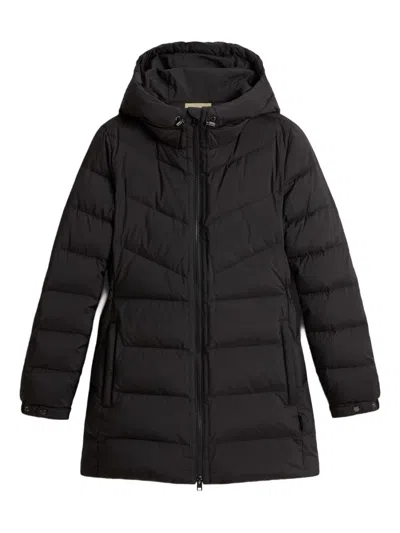 Woolrich Long Hooded Quilted Jacket Side Pockets In Black