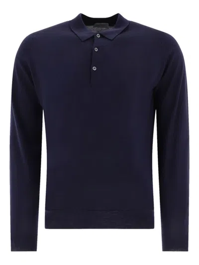 John Smedley Classic Navy Wool Long Sleeve Polo With Ribbed Cuffs In Blue