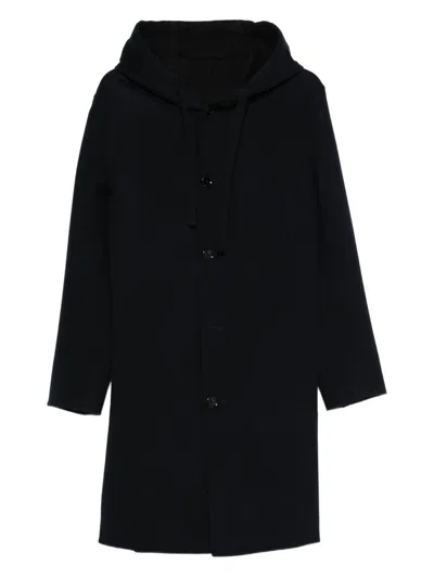 Lardini Classic Black Virgin Wool Coat With Hood And Front Button Fastening In Blue