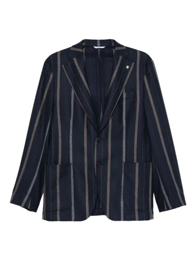 Manuel Ritz Pinstriped Tailored Navy Wool Blend Jacket In Blue