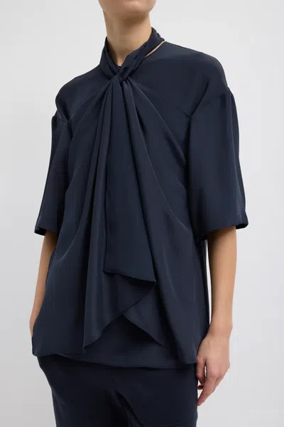 Tibi 4-ply Silk Tie Front Top In Dark Navy In Blue
