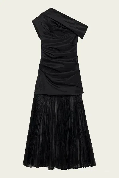 Simkhai Ammalie Draped Pleated-skirt Taffeta Dress In Black