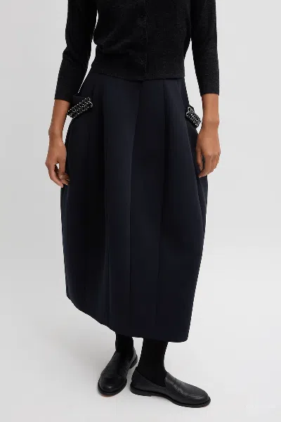 Tibi Bonded Twill Sculpted Skirt With Removable Beading In Navy In Black