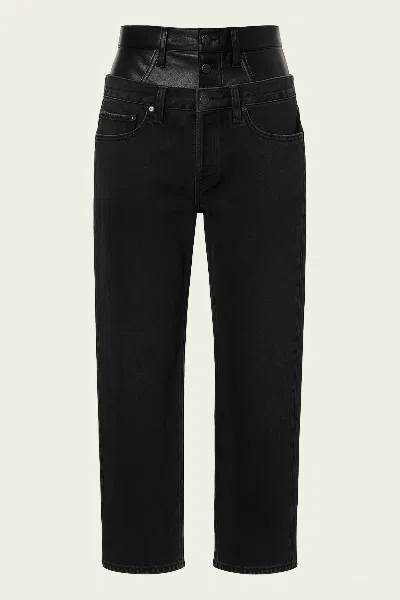 Agolde 'elson' Black Jeans With Double-layered Waist And Leather Details In Denim Woman