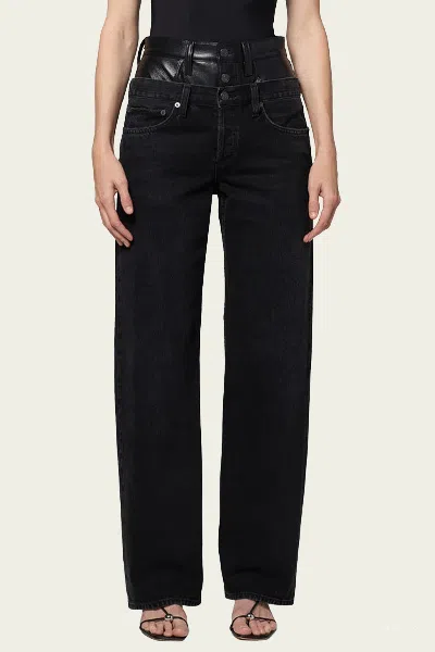 Agolde 'elson' Black Jeans With Double-layered Waist And Leather Details In Denim Woman