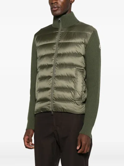 Moncler Quilted-panel Zip Cardigan In Green