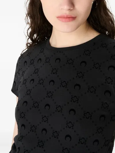 Marine Serre Moon Logo Patterned Crewneck Short Sleeve Top In Black