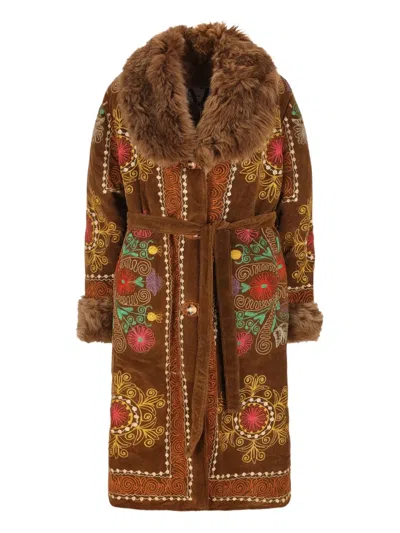 Zazi Vintage Fur-trim Embroidered Coat In Brown