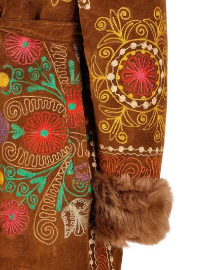 Zazi Vintage Fur-trim Embroidered Coat In Brown