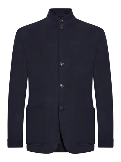 Zegna Cashmere Coat With Pockets And Collar In Blue