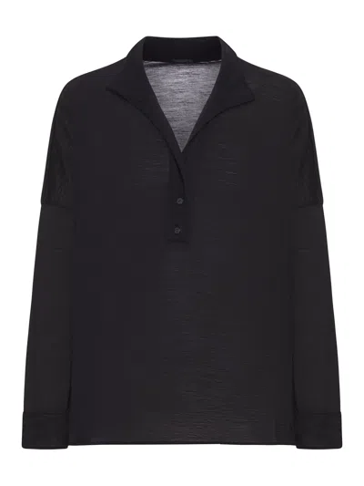 Transit Oversized Polo Shirt In Wool Jersey With Boiled Wool Inserts In Black