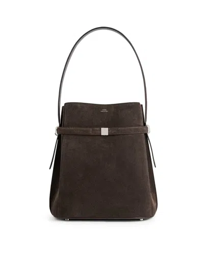 Totême Toteme Belted Suede Leather Bucket Bag In Brown