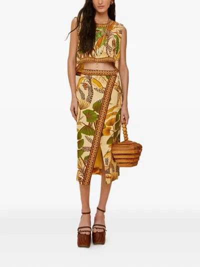Farm Rio Foliages Ketch-print Sketch Wrap Midi Skirt In Multi