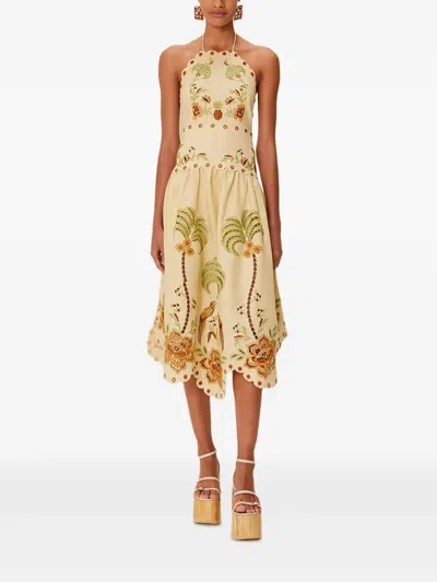 Farm Rio Sand Delicate Forest Richelieu Embroidered Euroflax Premium Linen  Midi Dress | ModeSens